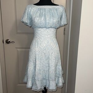 Rare Tadashi Sohji Lace Puffed Sleeve Midi Dress in Baby Blue Navy/Nude- Size 00